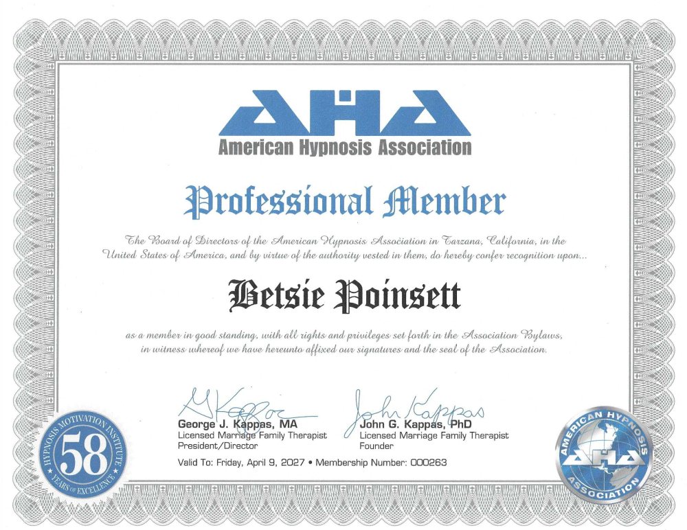 I am honored to be a member of the American Hypnosis Association from the Hypnosis Motivation Institute for over 25 years. As I renewed my membership today it reminded me of how wonderful it is to help so many people in my Hypnotherapy Practice.<br />

